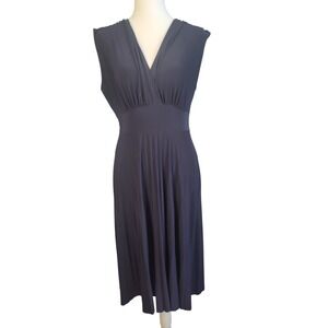 Navy Blue V-Neck Empire Waist Pleated Midi Dress Sleeveless Formal Cocktail